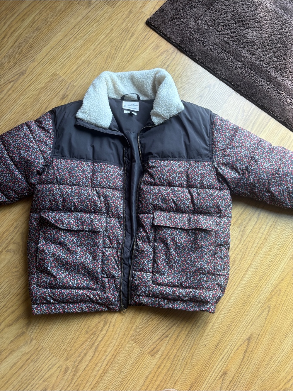 Universal Thread Burgundy Floral Puffer Jacket with Cream Sherpa Collar